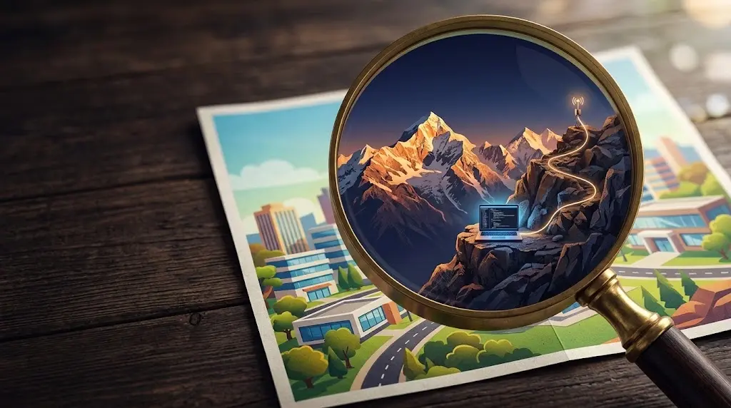Tech outsourcing concept: magnifying glass showing reality vs a sales brochure.