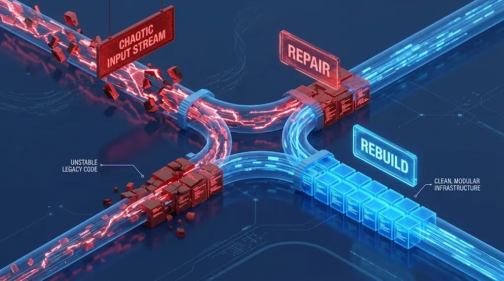 3D diagram contrasting the repair of unstable legacy code versus rebuilding clean, modular IT infrastructure.