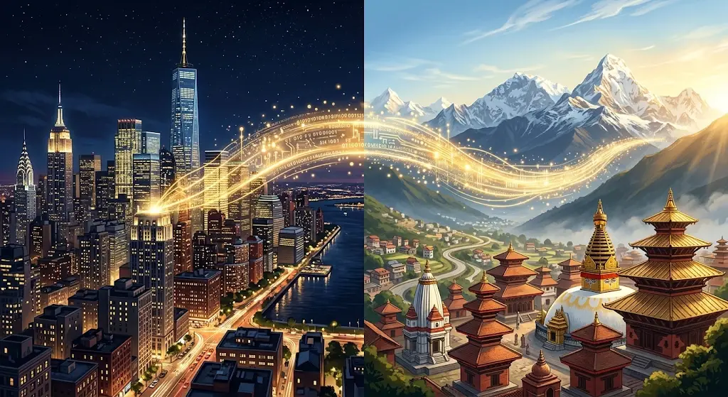 Here are a few SEO-friendly alt text options for the cover image, depending on the exact keyword you want to target: Option 1 (Best for targeting "Nepal time zone" and "offshore teams"): "A glowing digital stream connecting a nighttime New York City skyline to daytime in Kathmandu, illustrating the time zone difference for offshore tech teams in Nepal.