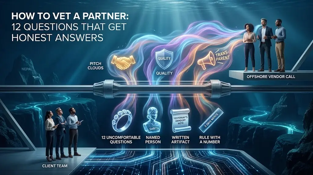 Conceptual infographic illustrating how to vet an offshore development partner by filtering vague vendor 'Pitch Clouds' into concrete evidence for a client team.