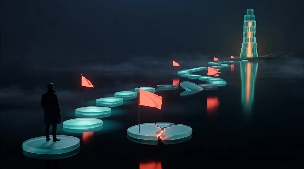 A conceptual image of a person navigating a challenging path with red flags and a broken stepping stone toward a glowing tower.