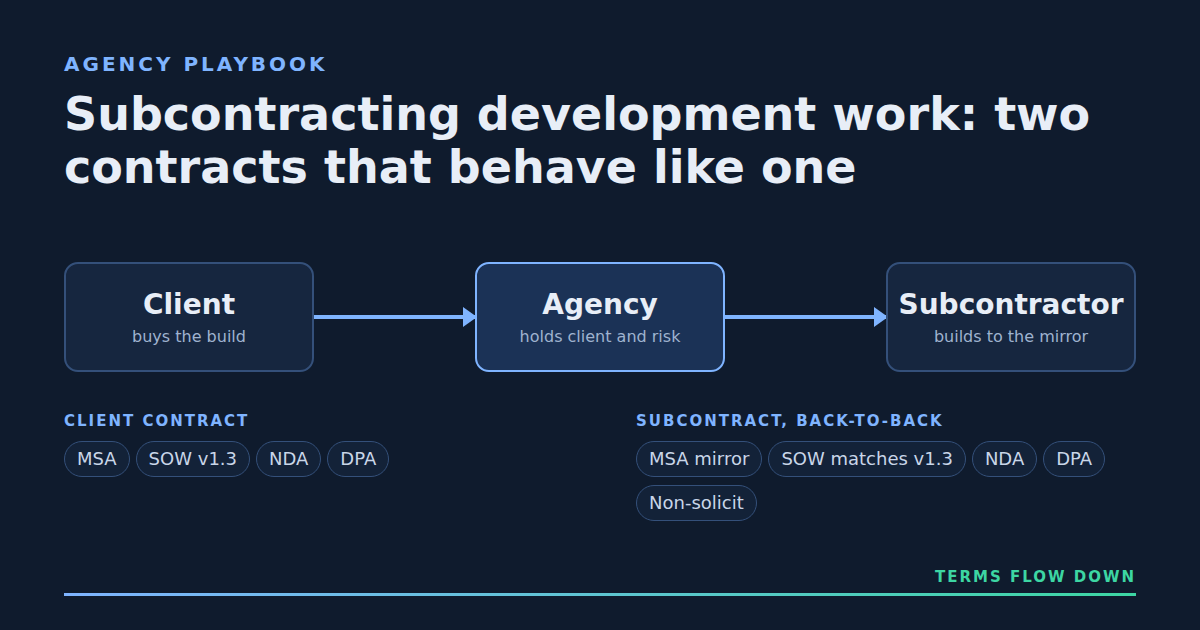 Diagram of a subcontracting contract stack: client to agency to subcontractor, with the documents on each link and the terms that flow down.