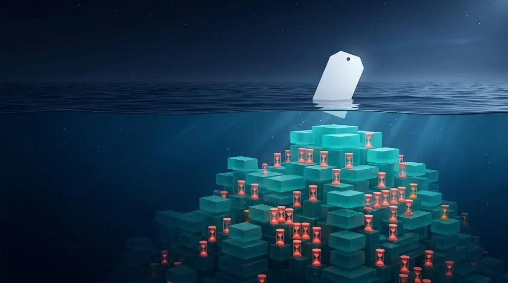 3D iceberg concept of white-label React development hidden costs, showing a blank label above submerged component blocks and hourglasses.