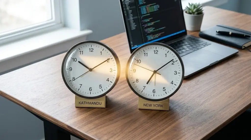 Two clocks on a desk, one labeled Kathmandu and one labeled New York, showing the shared working-hours overlap between an offshore and client team